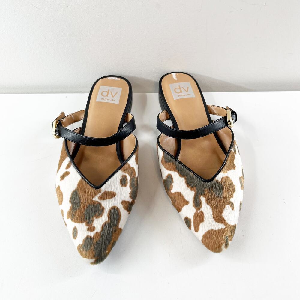 Dolce Vita Domainica Faux Fur Pointed-Toe Mules Brown-White Cow Print 8.5